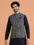 Navy Blue Silk Blend Printed Nehru Jacket
