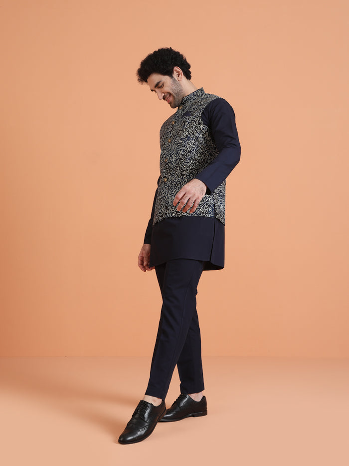 Navy Blue Silk Blend Printed Nehru Jacket