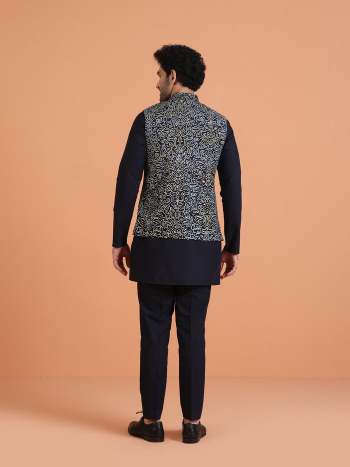 Navy Blue Silk Blend Printed Nehru Jacket