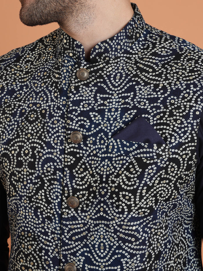 Navy Blue Silk Blend Printed Nehru Jacket