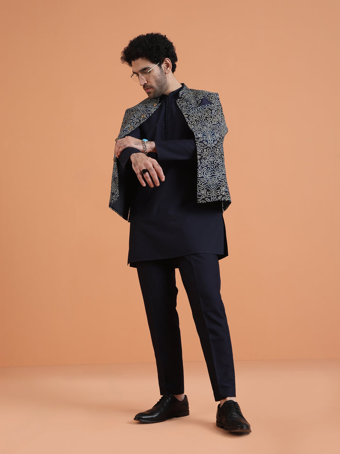 Navy Blue Silk Blend Printed Nehru Jacket
