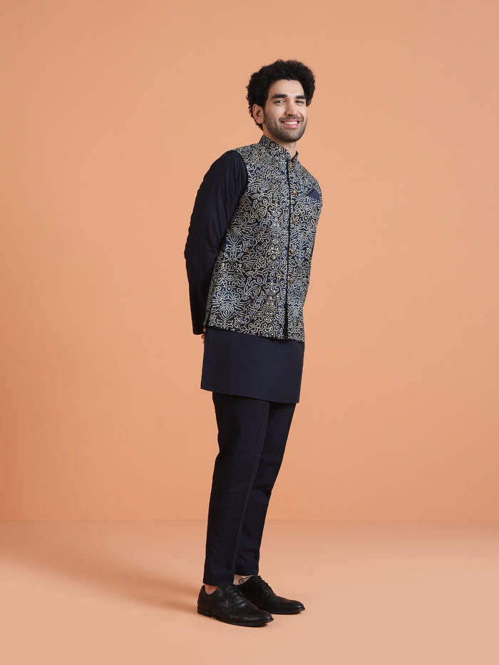 Navy Blue Silk Blend Printed Nehru Jacket