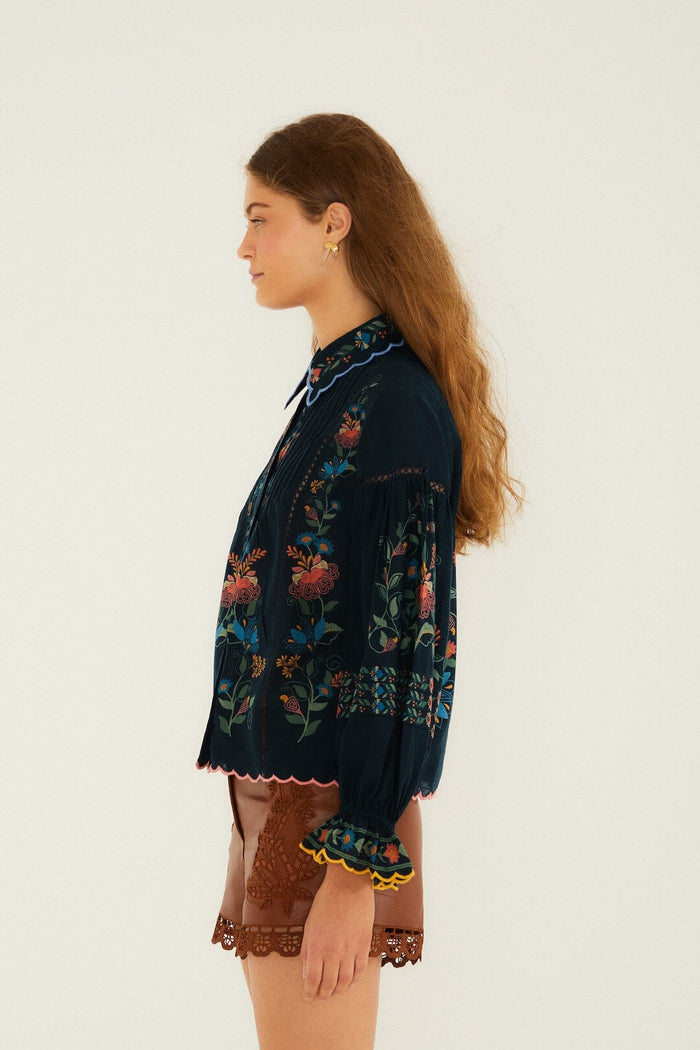 Navy Blue Stitched Garden Wavy Hem Blouse