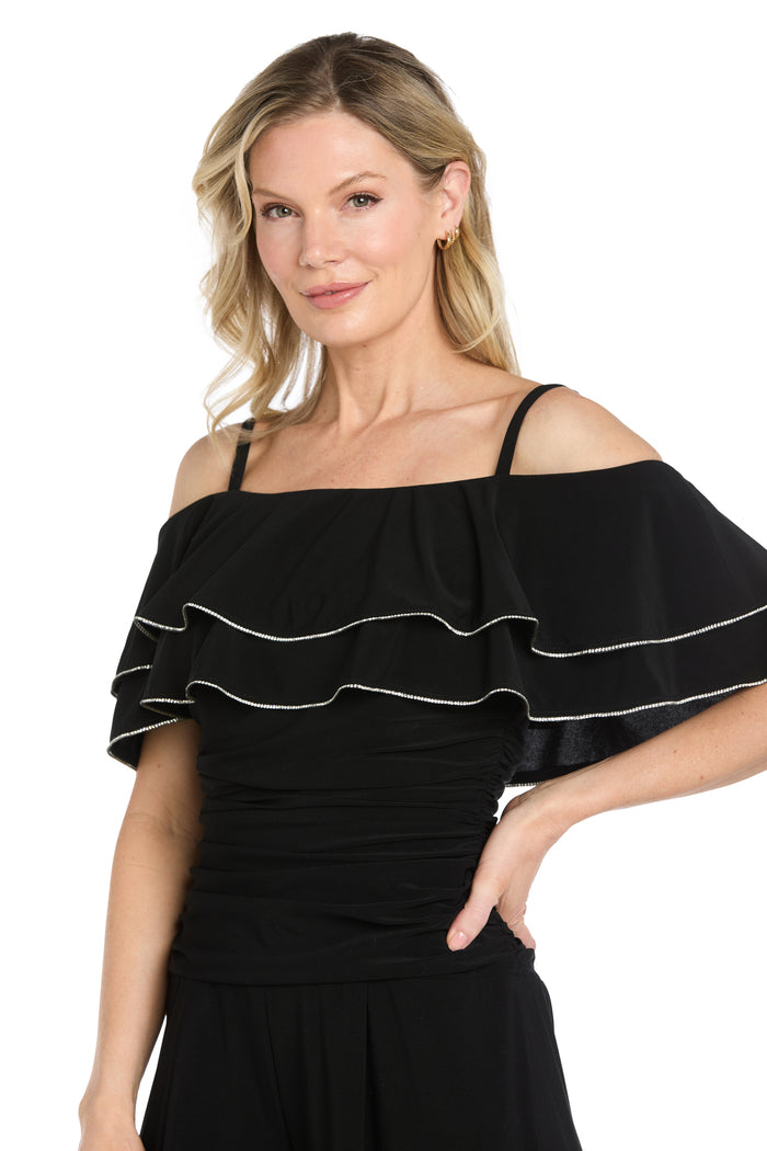 Off-the-Shoulder Sequin Ruffle Wide-Leg Jumpsuit