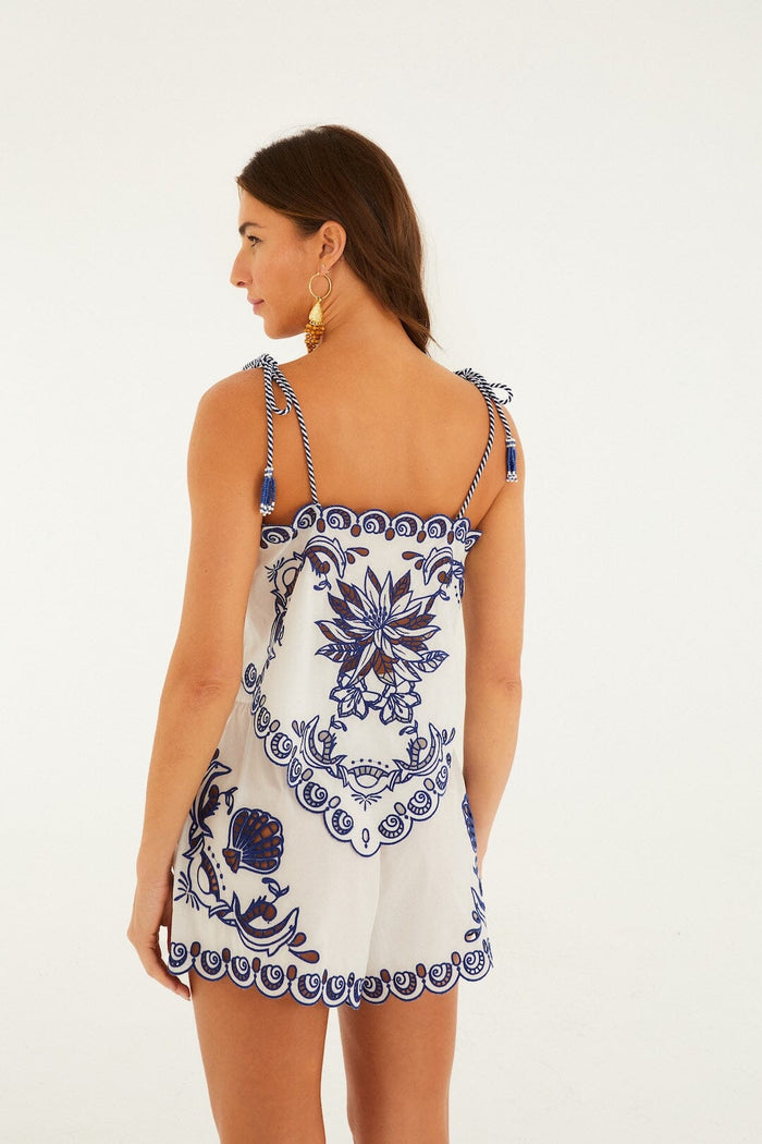 FARM Rio model wearing the Off-White Garden Tiles Tassels Richelieu Blouse