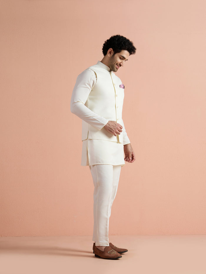 Off White Poly Viscose Solid Mid Kurta Jacket Trouser Set