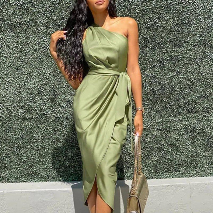one shoulder bodycon dress satin surplice ruched casual women dress elegant - Allen-Fitness