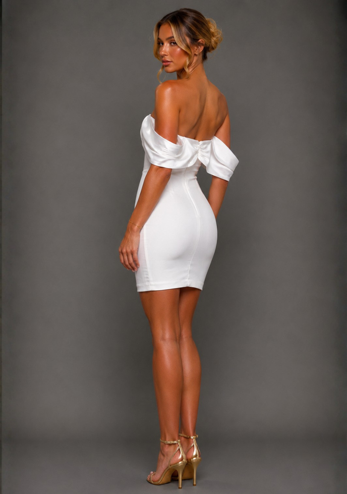 Paloma | Bardot Satin Sleeve Ivory Mini Dress