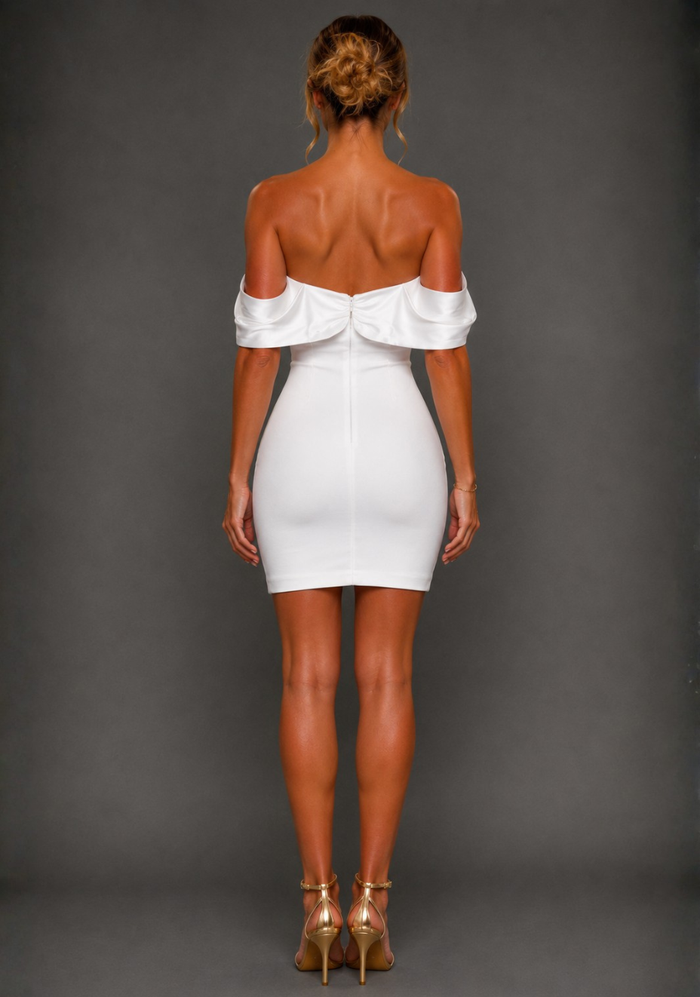 Paloma | Bardot Satin Sleeve Ivory Mini Dress