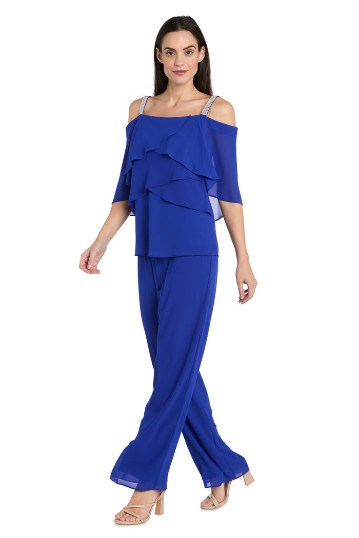 Pantsuit with Rhinestone Straps and Ruffle Top
