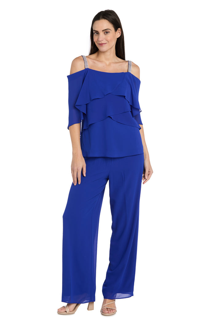 Pantsuit with Rhinestone Straps and Ruffle Top