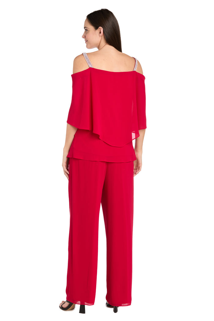 Pantsuit with Rhinestone Straps and Ruffle Top