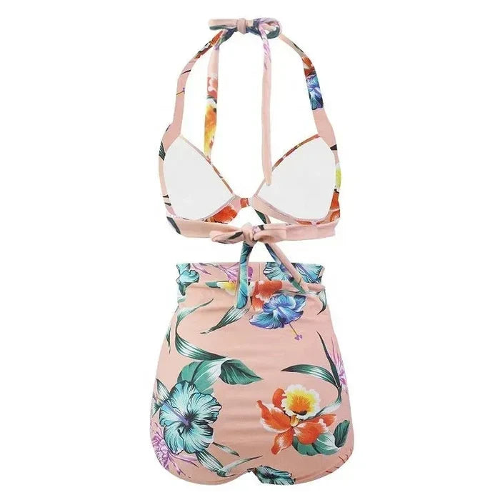Plus size two piece swimwear hanging neck front bow swimwear women high waist digital prints Vintage Swimsuits - Allen-Fitness