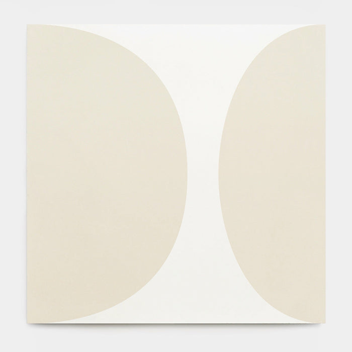 The "Pomelo Bone 8x8" by vendor-unknown features minimalist abstract art on a white background with two large, light beige curved forms inspired by midcentury modern tile, creating a narrow vertical space between them.