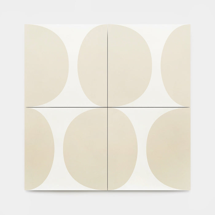 The Pomelo Bone 8x8 tiles by vendor-unknown feature beige curved abstract shapes on white squares, creating a symmetrical, minimalist geometric pattern inspired by midcentury modern design when arranged in a grid.