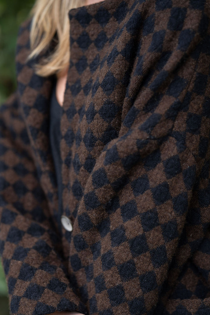 Portuguese Wool Pieper Coat in Black and Brown Check Made to Order