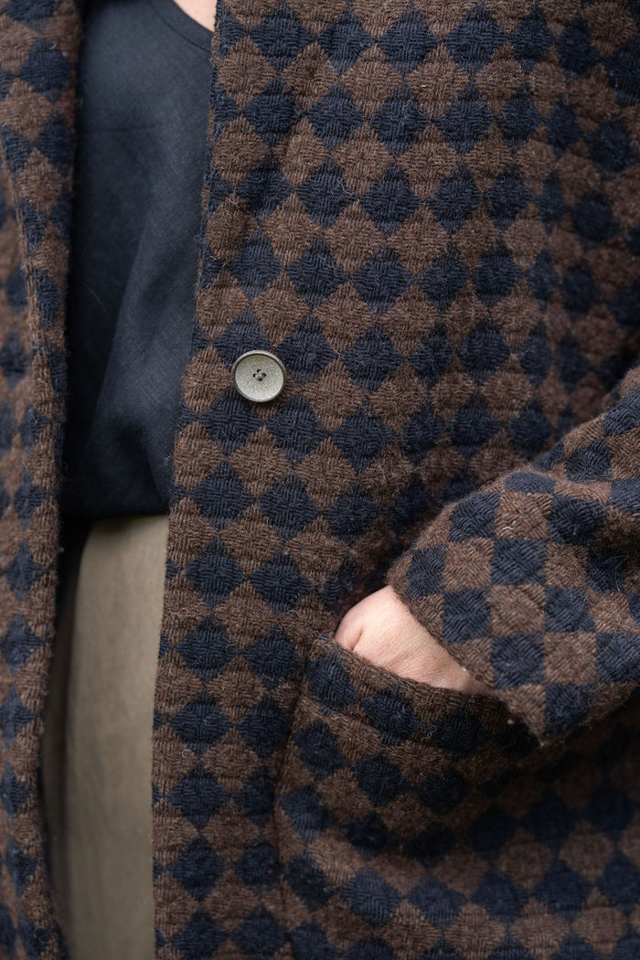 Portuguese Wool Pieper Coat in Black and Brown Check Made to Order
