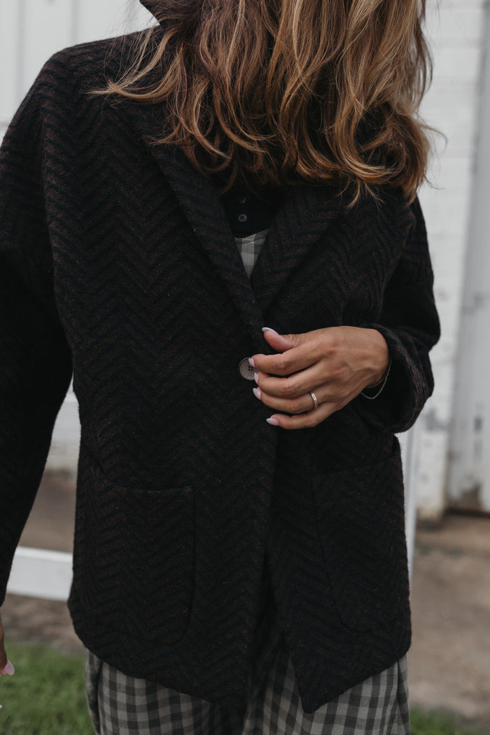 Portuguese Wool Pieper Coat in Black and Brown Herringbone Made to Order
