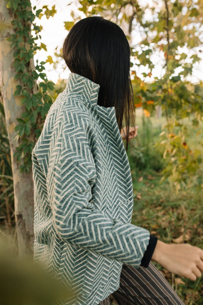 Portuguese Wool Pieper Coat in Black and White Herringbone Made to Order