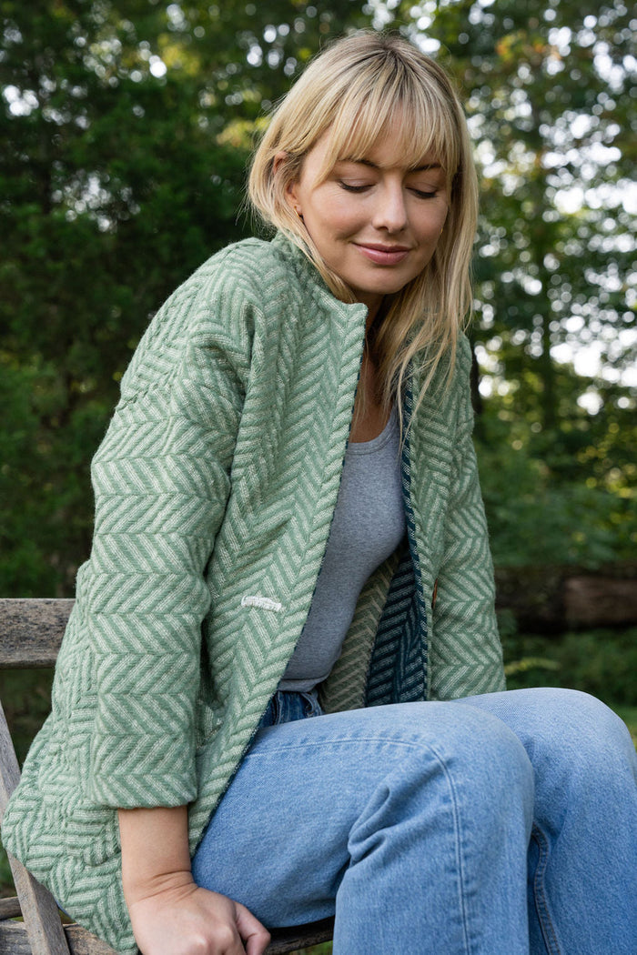 Portuguese Wool Pieper Coat in Mint Herringbone Made to Order