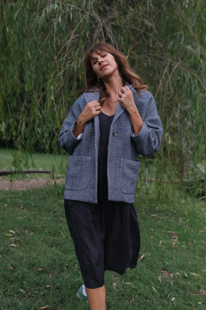 Portuguese Wool Pieper Coat in Navy and Cream Thin Herringbone Made to Order