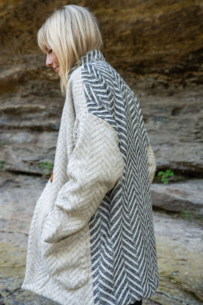 Portuguese Wool Pieper Coat in Neutral Mix-Match Herringbone Made to Order