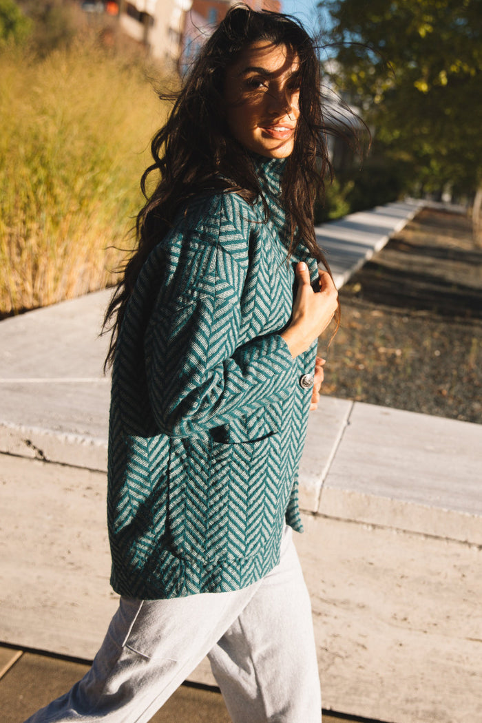 Portuguese Wool Pieper Coat in Teal Herringbone Made to Order