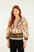 Sand Majestic Garden Lace Puff Sleeve  Blouse