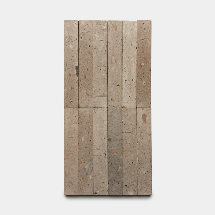 A rectangular layout of Sierra 2x12 vertical beige stone tiles by Zia Tile, featuring natural speckles and variations, set against a plain white background.