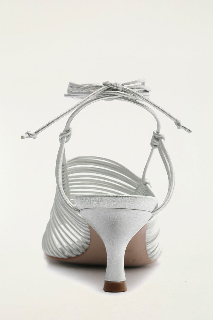 FARM Rio model wearing the Silver Macrame Heeled Sandal