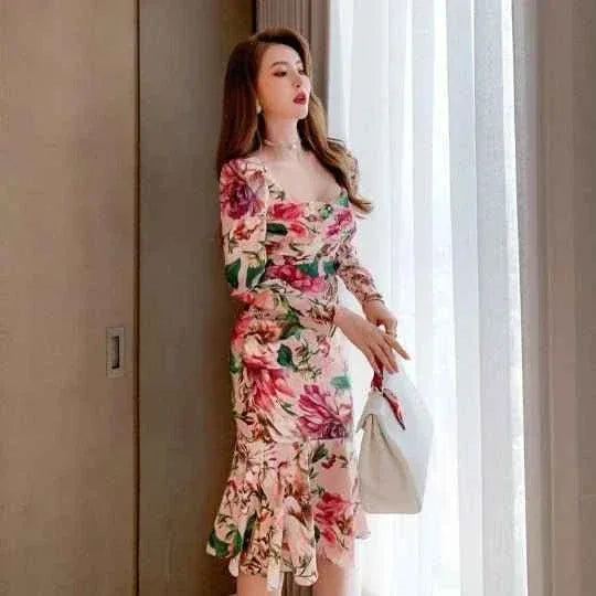 Spring Women's Retro Mid-Length Dress - Long Sleeve, Printed, Tight & Casual - Allen-Fitness