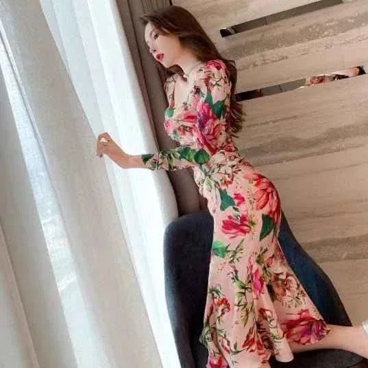 Spring Women's Retro Mid-Length Dress - Long Sleeve, Printed, Tight & Casual - Allen-Fitness