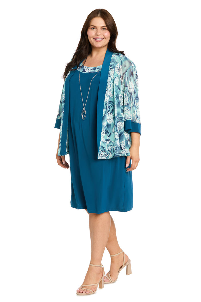 Teal Rose Printed Jacket Dress - Plus