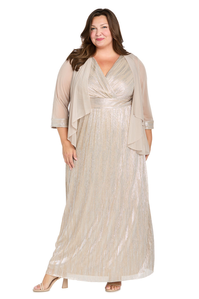 Two-Piece Cascade Front Jacket Over Surplice Bodice Long Dress - Plus