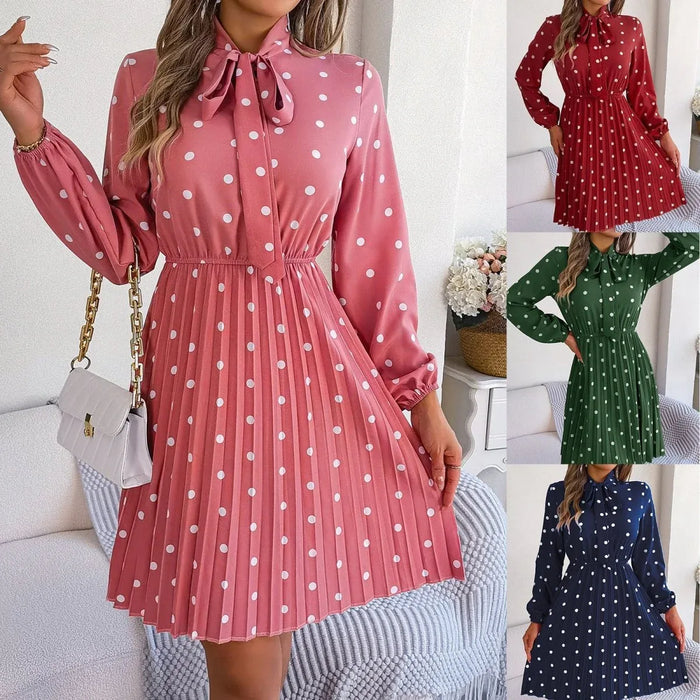 Women’s Polka Dot Pleated Dress – Self-Tie Waist & Long Sleeves - Allen-Fitness