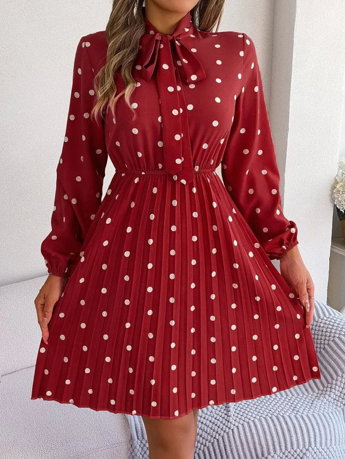 Women’s Polka Dot Pleated Dress – Self-Tie Waist & Long Sleeves - Allen-Fitness