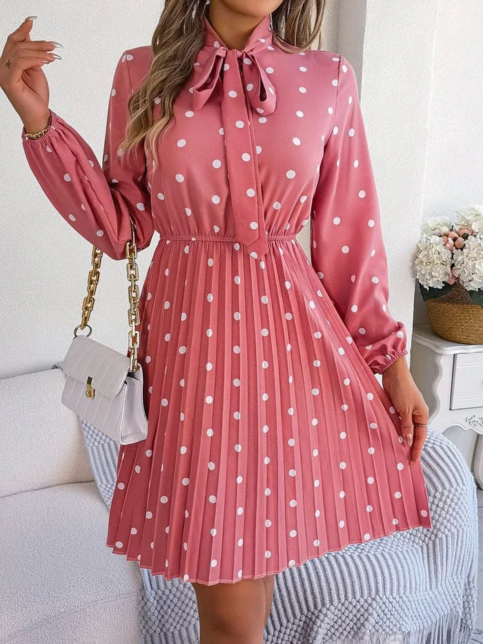 Women’s Polka Dot Pleated Dress – Self-Tie Waist & Long Sleeves - Allen-Fitness