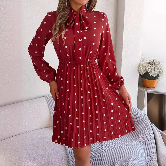 Women’s Polka Dot Pleated Dress – Self-Tie Waist & Long Sleeves - Allen-Fitness